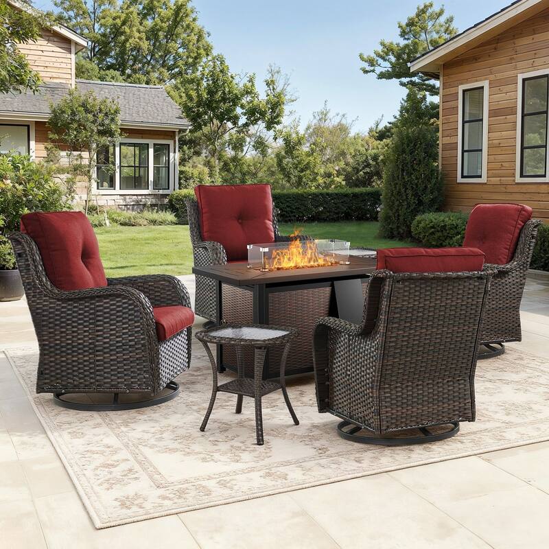 Gymojoy 7-Piece Outdoor Wicker Set with 4 Swivel Rockers & 55,000 BTU Fire Pit Table for Patio
