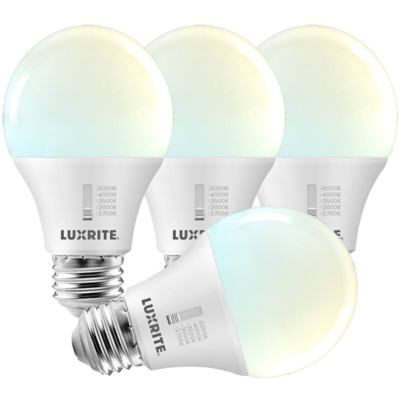 Luxrite A19 LED Light Bulb 60 Watt Equivalent CRI90 5CCT Dimmable 800LM 9W E26 Base ETL 4 Pack - 4