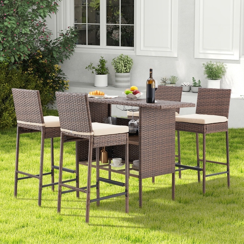 Wicker Patio Bar Set, Outdoor Bar Table with Stools, Available in 3-Piece & 5-Piece Options
