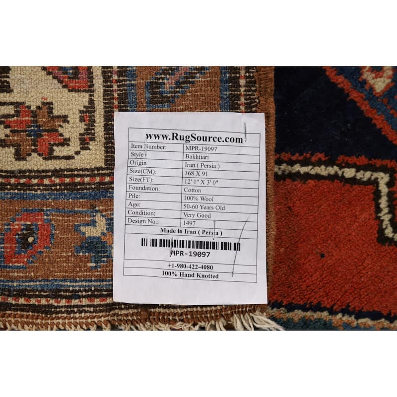 Orange Geometric Bakhtiari Vintage Persian Wool Carpet - 3'0" x 12'1"