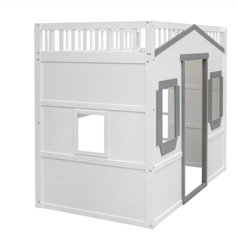 Solid Wood House Loft Bed with Window Design and Ladder, Twin/Full Size Playhouse Bed Loft Bed Frame with Guardrail for Kids