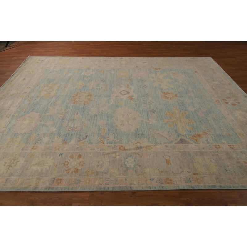 Vegetable Dye Blue Floral Oushak Turkish Area Rug Handmade Wool Carpet - 8'3"x 9'8"