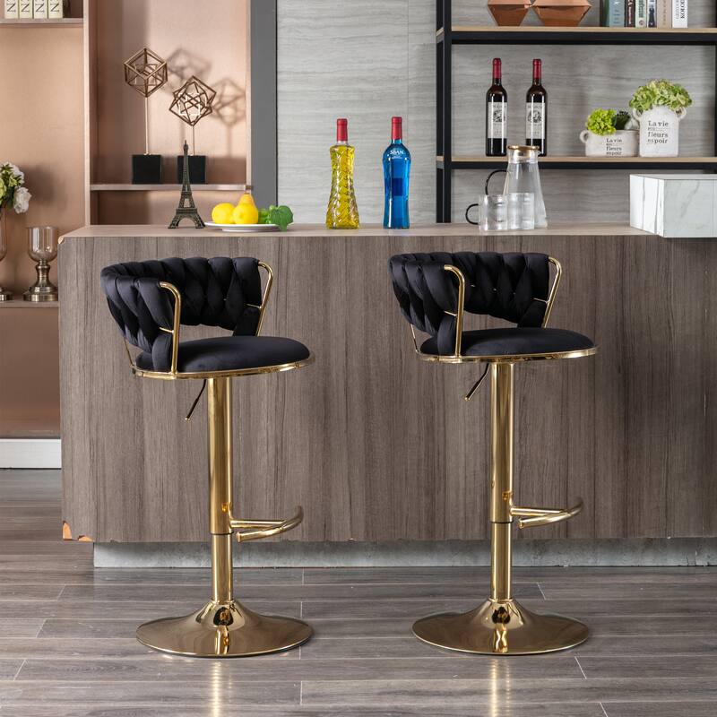 Set of 2 Adjustable Swivel Bar Stools, Black Velvet with Chrome Footrest & Gold Legs