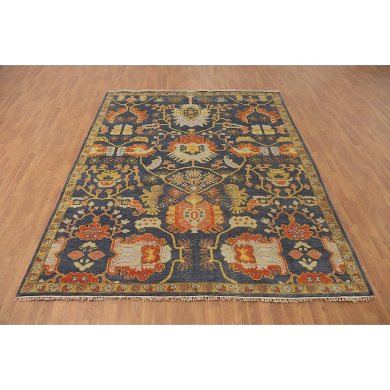 Hand-knotted Transitional Wool Carpet Blue Oushak Rug Floral Oriental Area Rug - 10' 0'' X 7' 11''