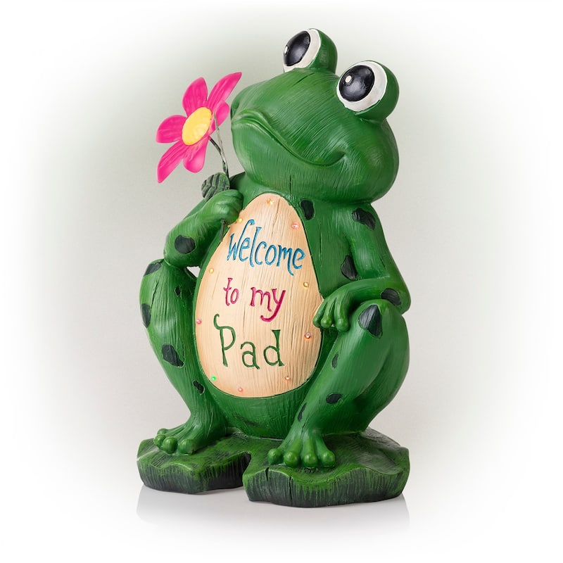 Alpine Corporation 18" Tall Outdoor Frog with Color Changing LED Lights and Welcome Sign Yard Statue