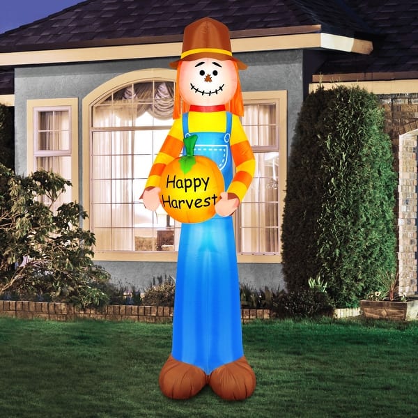 slide 2 of 2, Occasions Airflowz Inflatable Harvest Scarecrow Holding Pumpkin, 2 ft Tall