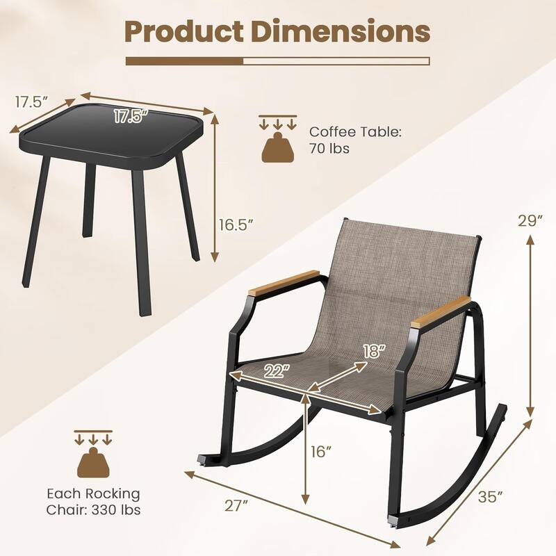 3 PCS Rocking Bistro Set Outdoor Furniture Set w/ Rocking Chairs