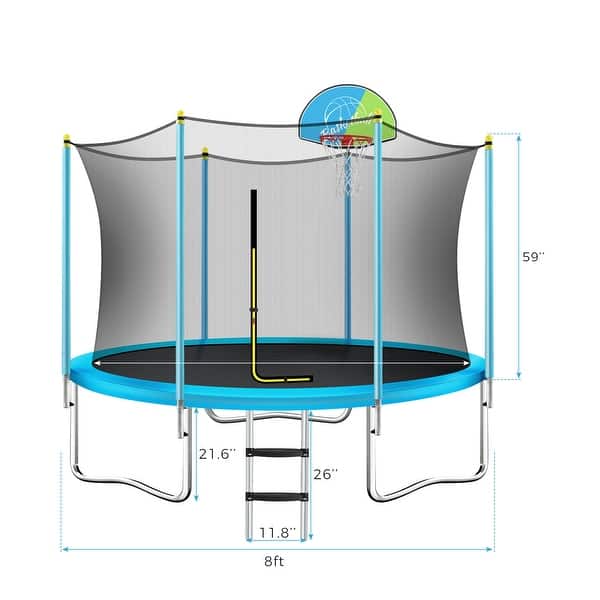 slide 2 of 7, Trampoline with Safety Enclosure Net, Basketball Hoop and Ladder Recreational Trampoline Kids