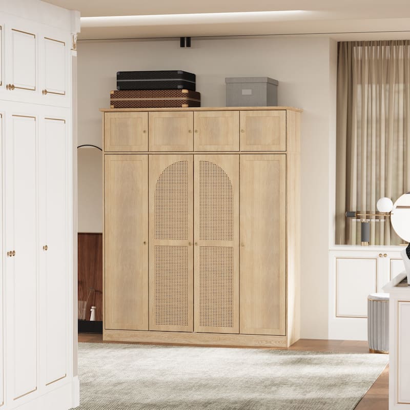 70.87" 8-Door Large Capacity Armoire Wardrobe Closet with Hanging Rod, Adjustable Shelves and Rattan Decorative Doors