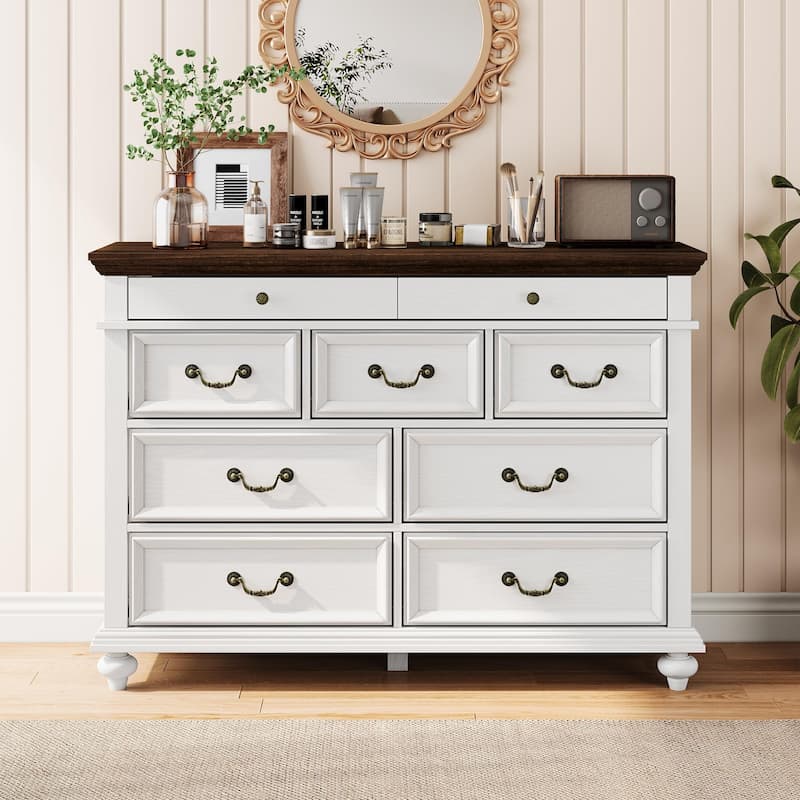 7/9 Drawer Dresser with Jewelry Storage, Rustic Wood Chest with Metal Handles, Vintage Storage Organizer - 9-drawer - White