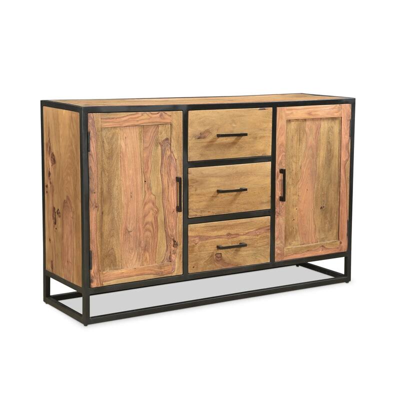 Solid Sheesham Wood Sideboard Cabinet with Black Iron - 60"