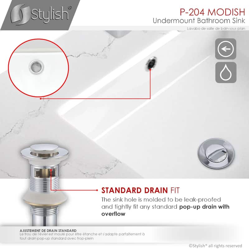 STYLISH 19 inch Rectangular Undermount Porcelain Bathroom Sink with 2 Overflow Finishes