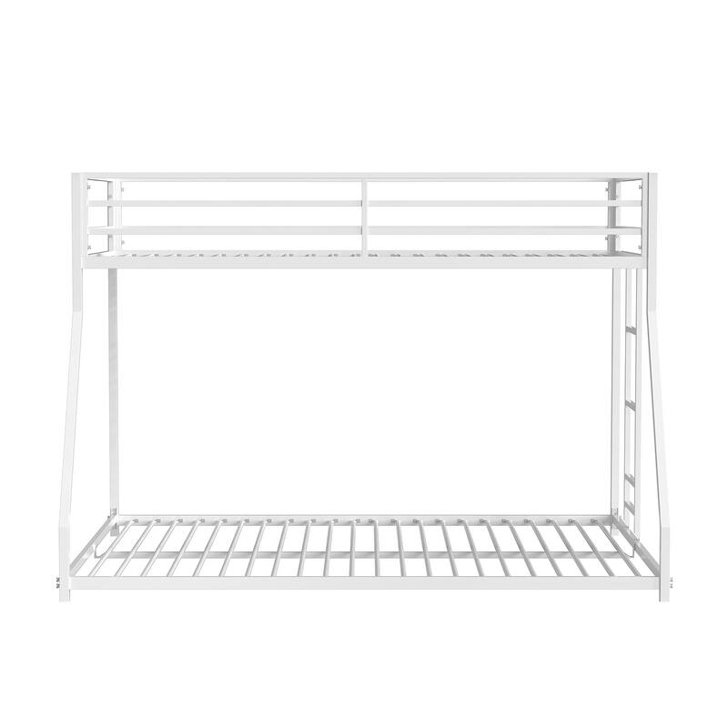 Metal Low Bunk Bed with Attached Ladder, Matte White Finish, Mattress Ready, Full Metal Construction