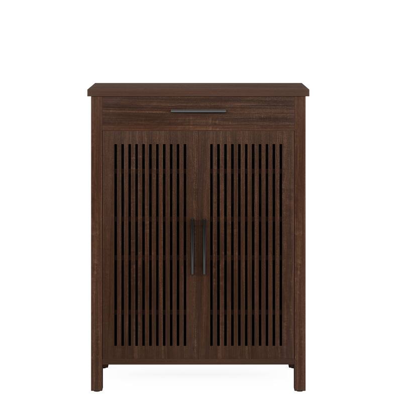 Shoe Cabinet with Louvered Doors & Drawer, Freestanding Wooden Shoe Rack for Entryway