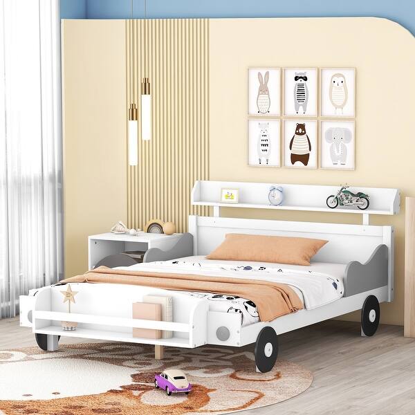 slide 2 of 9, White Pine Wood Car Platform Bed with Storage Shelves Full - White