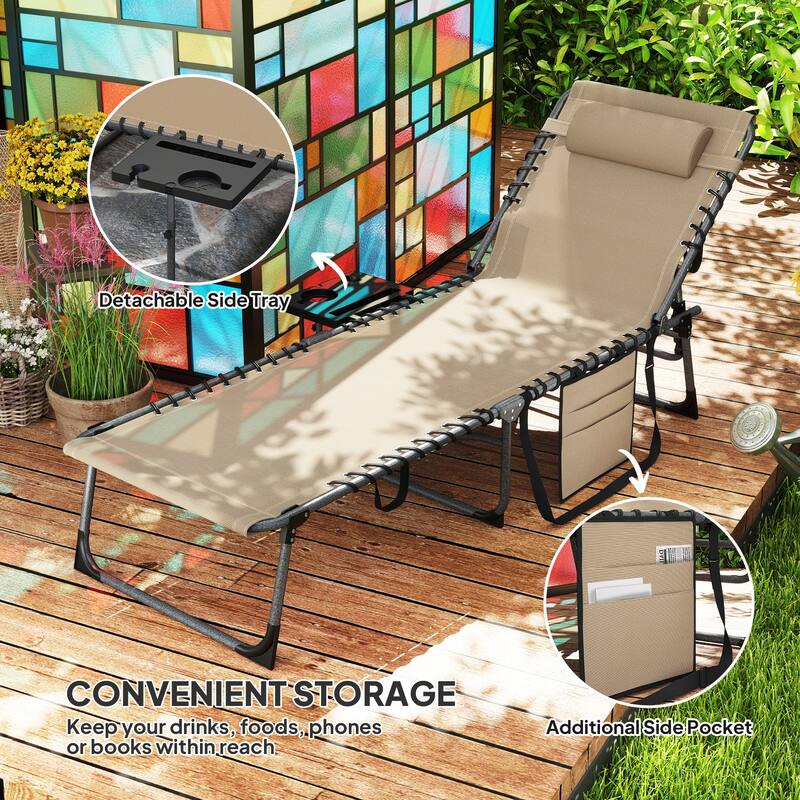 Outsunny Folding Chaise Lounge Chair Outdoor Tanning Chair with Side Table, 5-Level Adjustable Beach Lounge Chair with Headrest