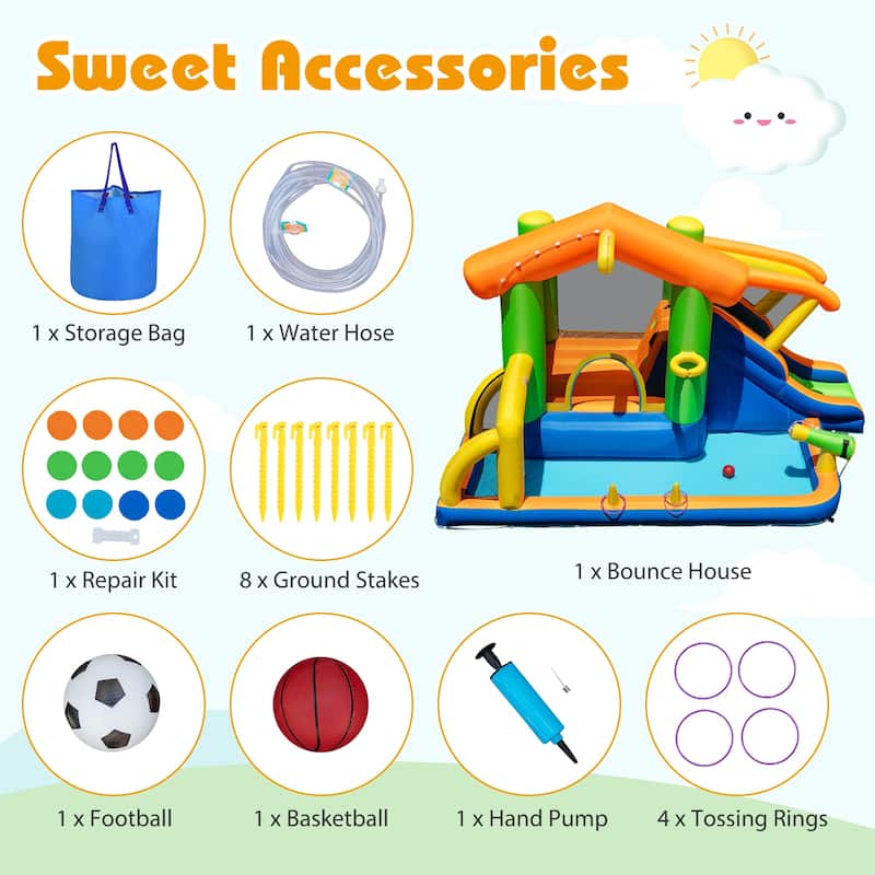 Kids 8-in-1 Inflatable Bouncer with Slide Splash Pool Basketball Hoop Football Goal and Ring Toss Games - 151" x 108" x 92"