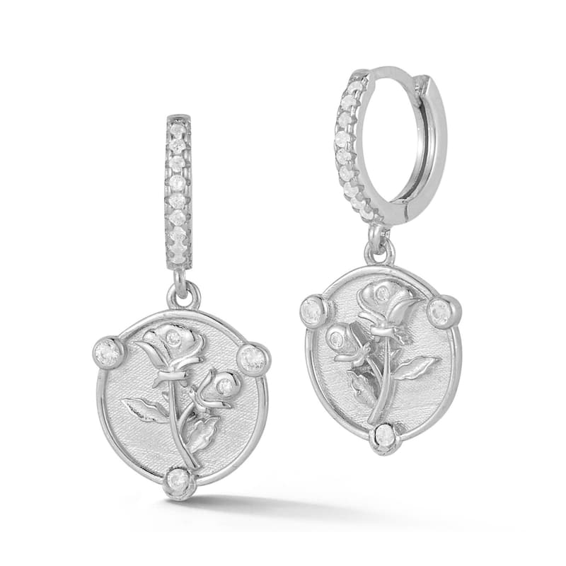 Soleil Sterling Silver Cubic Zirconia Rose Charm Huggie Hoop Earrings - White