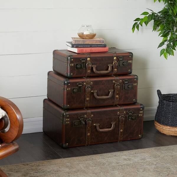 slide 1 of 19, Brown Leather Vintage Trunk (Set of 3) - S/3 18", 21", 23"W