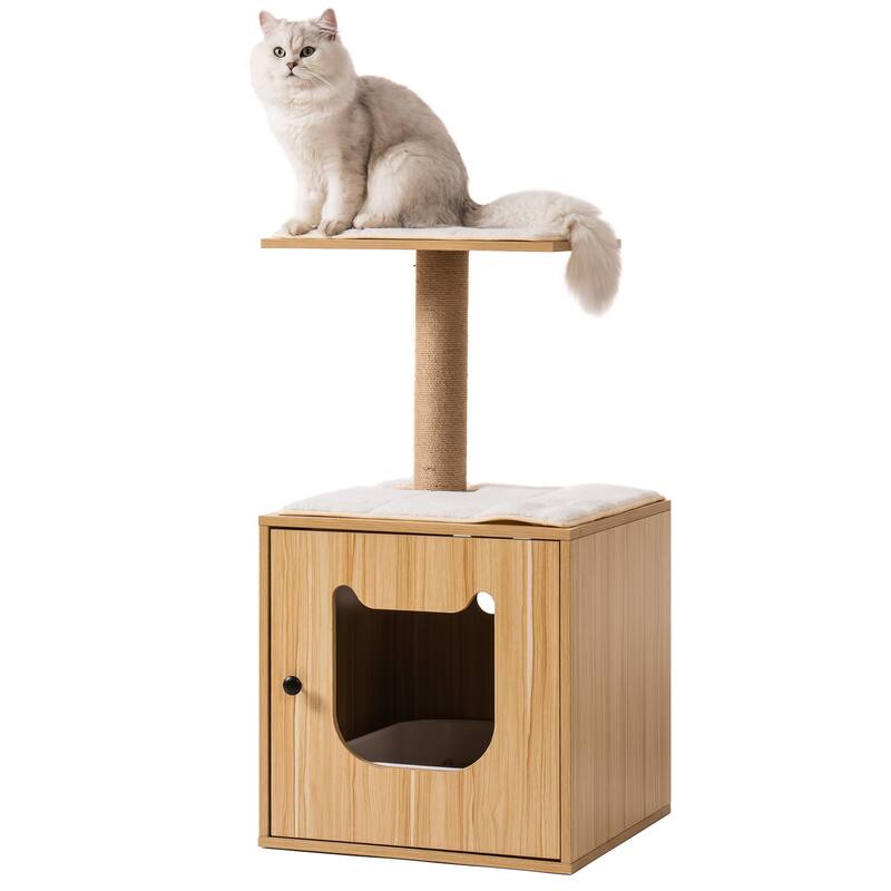 3-IN-1 Cat Litter Box Enclosure, Wooden Cat House with Cat Bed Hidden Cat Washroom Furniture with Scratching Post