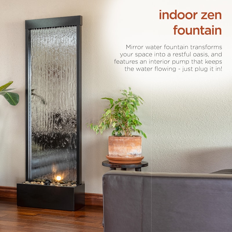 Alpine Corporation 72" Zen Mirror Waterfall Fountain with LED Lights and Stones