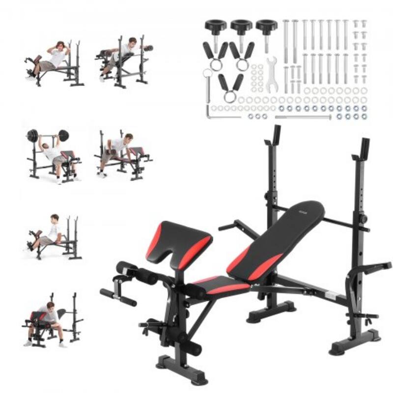 Black Red Steel Workout Bench with Rack, Foldable and Adjustable - 68.1” L x 53.9” W x 51.2” H - 68.1” L x 53.9” W x 51.2” H