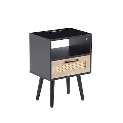 15.75" Multifunctional Nightstand Rattan End Table Storage Cabinet With Drawer Shelf USB Charging Ports Power Outlet
