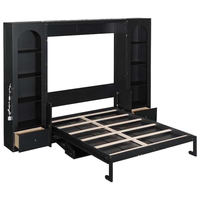 Murphy Bed Queen Size Bookcase Bed Platform Bed with Side Cabinets and 2 Drawers, Elegant French Folding Bed LED Wall Bed