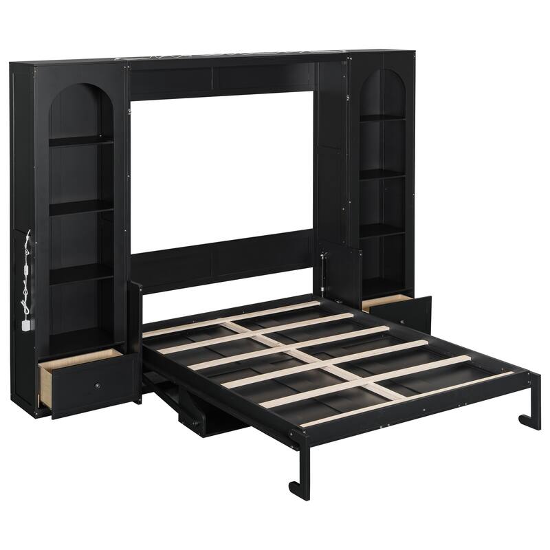 Roomfitters Queen Size Murphy Platform Bed with Side Cabinets and Drawers, LED Lights, Black