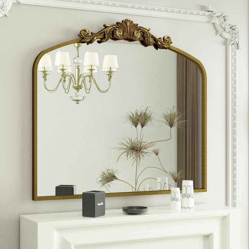 KIOTEE Arched Wall Mirror and Metal Frame Baroque Style Bathroom Vanity Mirror - 36x30 - Gold
