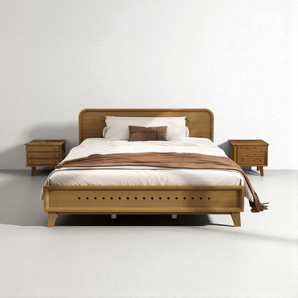 Queen/King Size Bed with Solid Pine Wood Frame, No Box Spring, Stable, Elegant Headboard