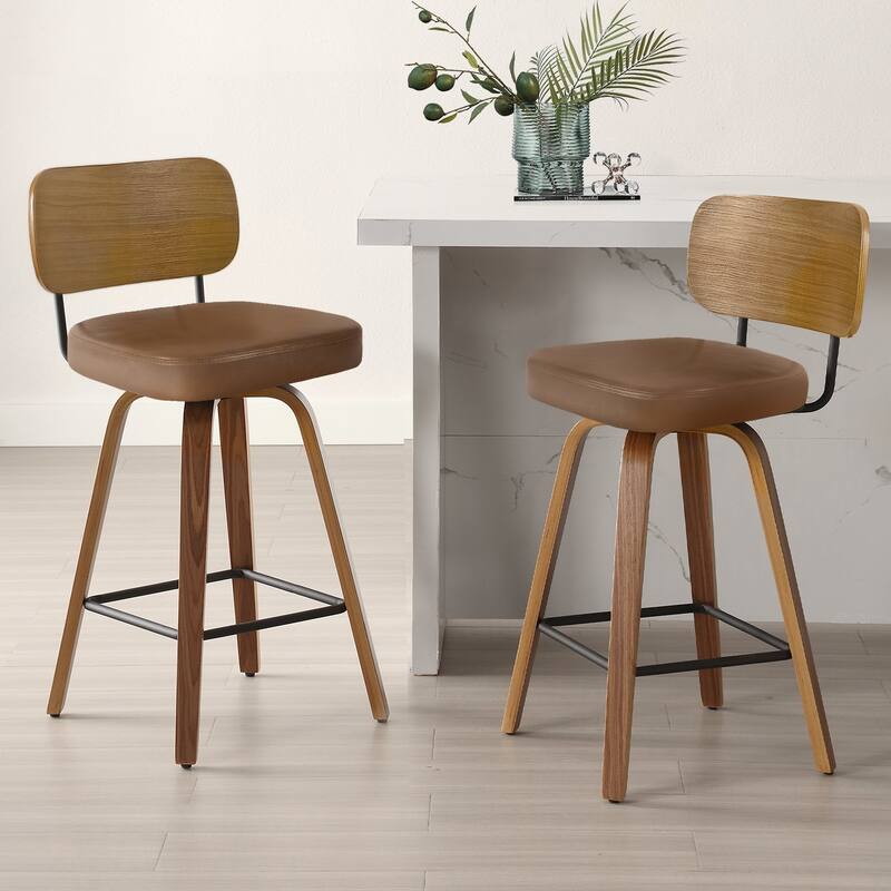 26" Swivel Upholstered Counter Height Bar Stool - 36.4" H x 17.1" W x 20" D - Set of 2 - Brown