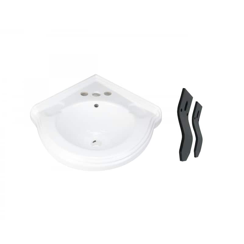 Portsmouth White Ceramic Corner Wall Mount Bathroom Sink with Overflow, Bracket and Backsplash