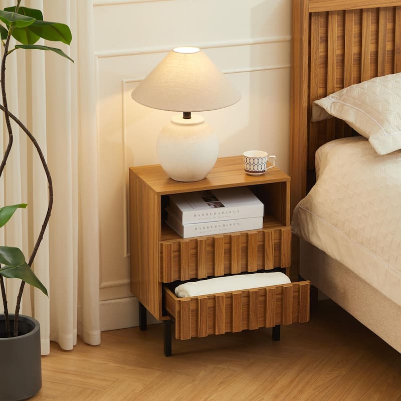 Mid Century Woodgrain Nightstand Pair 2 Drawers Bedside Table