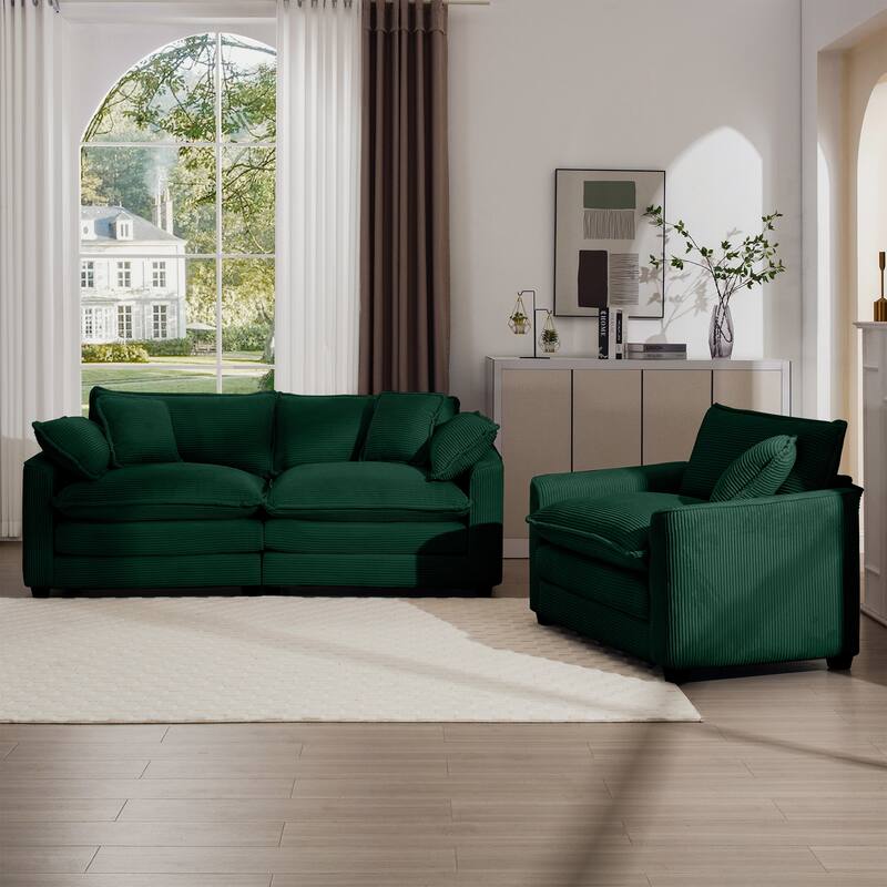 2+1 Seat Flexible Combinations Sofa Set with Throw Pillows, Corduroy Fabric Sofa with Removable Armrests