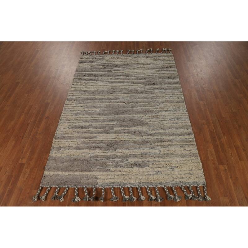 Striped Moroccan Shaggy Oriental Area Rug Handmade Wool Carpet - 5'8" x 8'3"