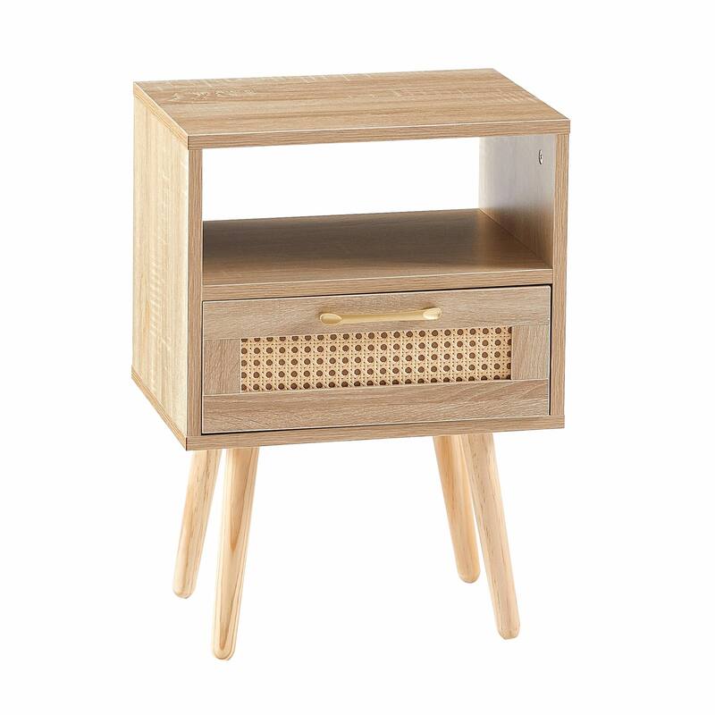Rattan Nightstand with Drawer, Solid Wood Legs, 16"" Side Table