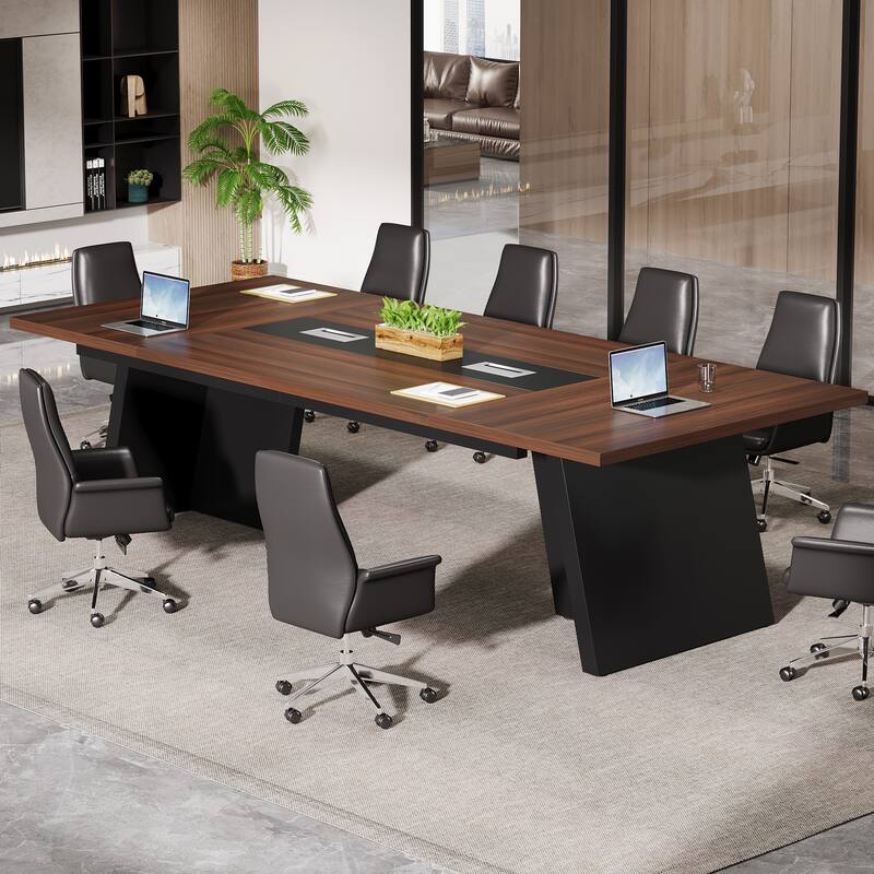 8FT Industrial Farmhouse Conference Table with Cable Management - Walnut+Black
