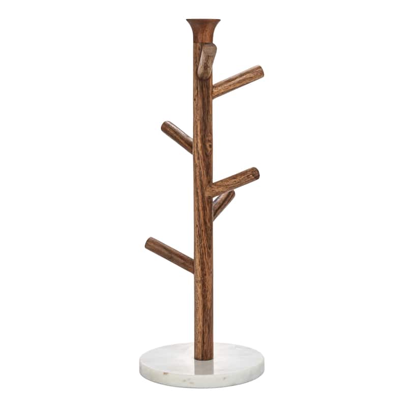 Mango Wood and Marble Mug Rack - 6.0"L x 6.0"W x 16.8"H