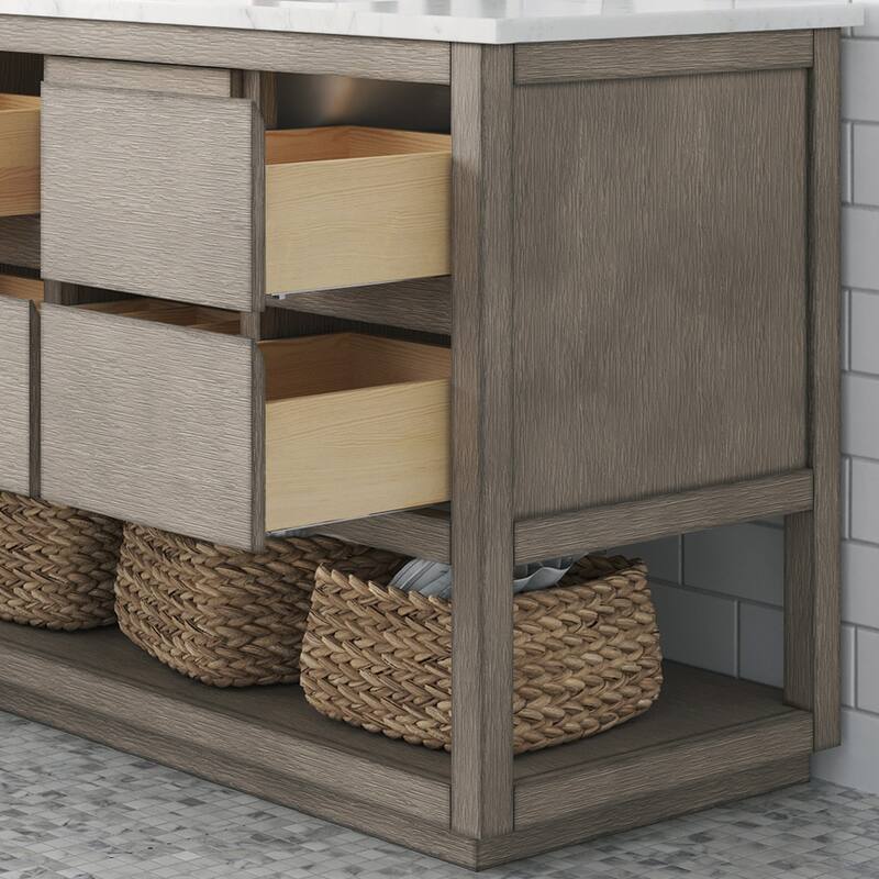 Oakman Carrara White Marble Countertop Bath Vanity in Grey Oak with Mirror