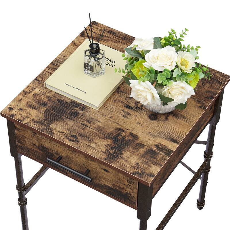 VECELO Nesting Coffee Table Set of 2, Square Nightstands with Adjustable Non-Slip Feet, Industrial End Table Side Tables