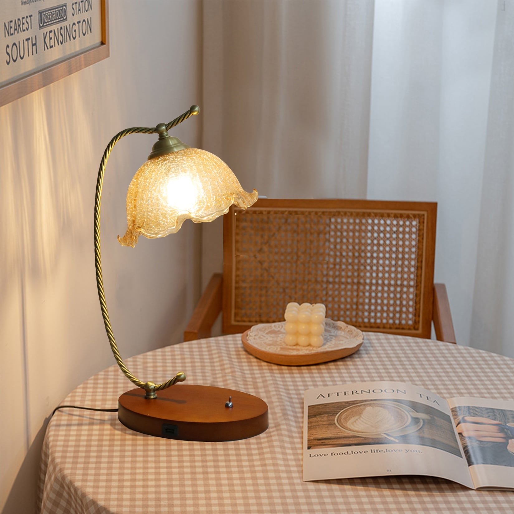 Vintage Flower Glass Table Lamp with Wooden Base USB Charging Port