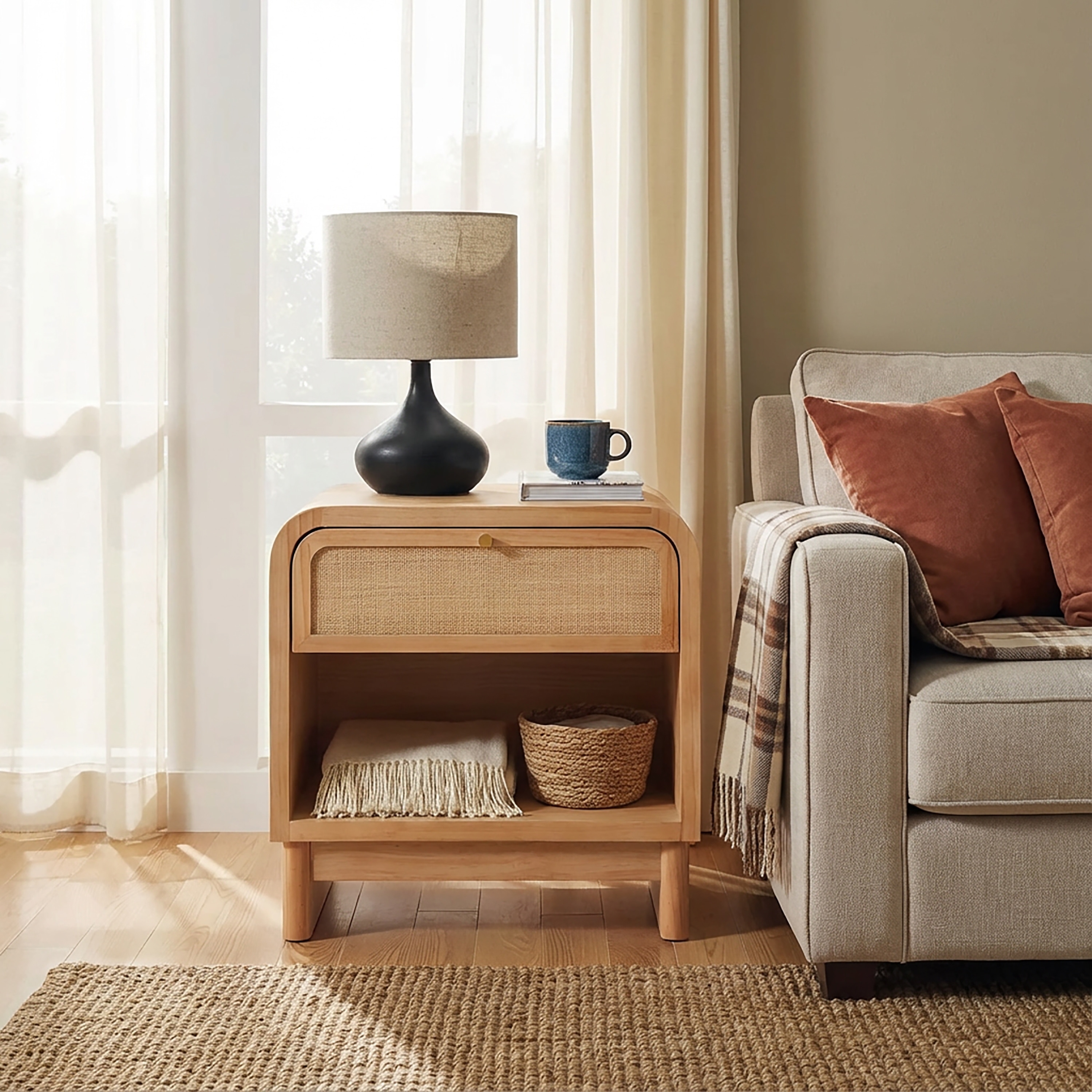 Christopher Knight Home - Boho Minimalist 23.62" Nightstand with Glide Drawer, Open Shelf & Iron Handle, Versatile Home Use