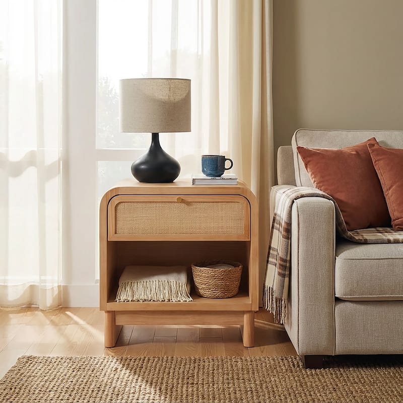 Christopher Knight Home - Boho Minimalist 23.62" Nightstand with Glide Drawer, Open Shelf & Iron Handle, Versatile Home Use - Natural Light Wood+Rattan Front - 1-drawer