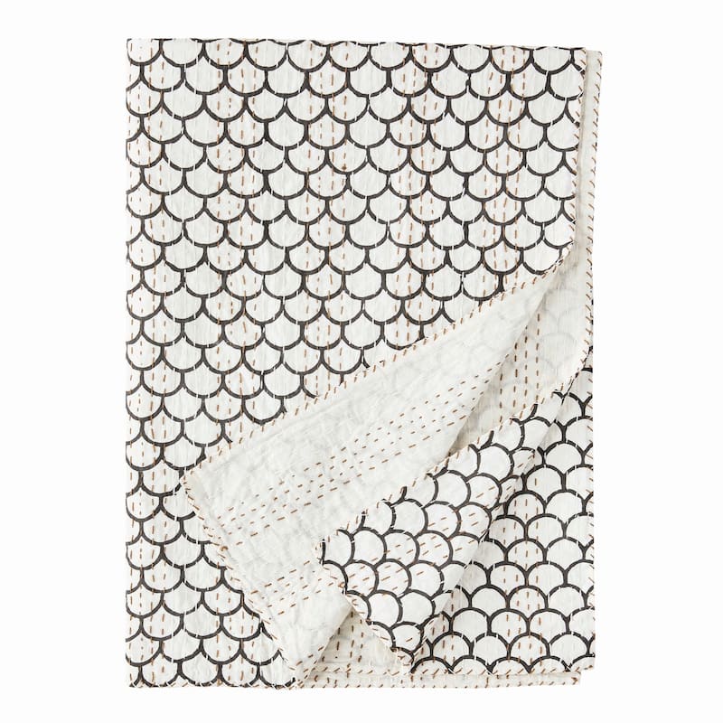 Melange Home Hand Stitched Scallop Block Print Kantha Coverlet and Shams - Throw - Twin - 1 Piece