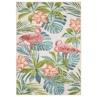 Style Haven Flores Flamingo Palms Salmon/Blue Indoor-Outdoor Washable ...