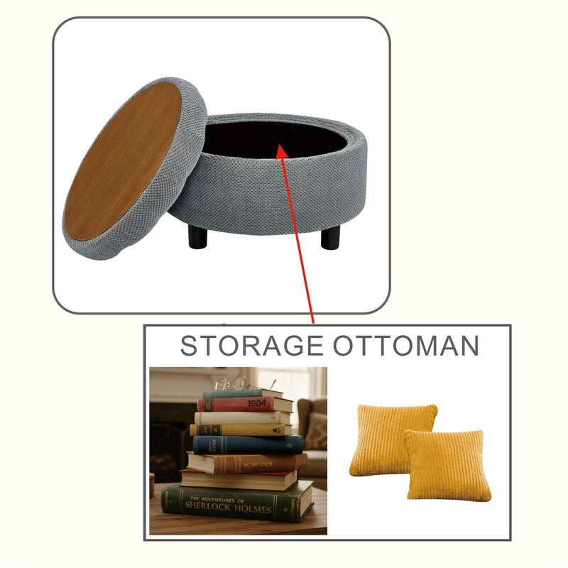 Round Storage Ottoman with Lift-Off Tray and Upholstered Fabric