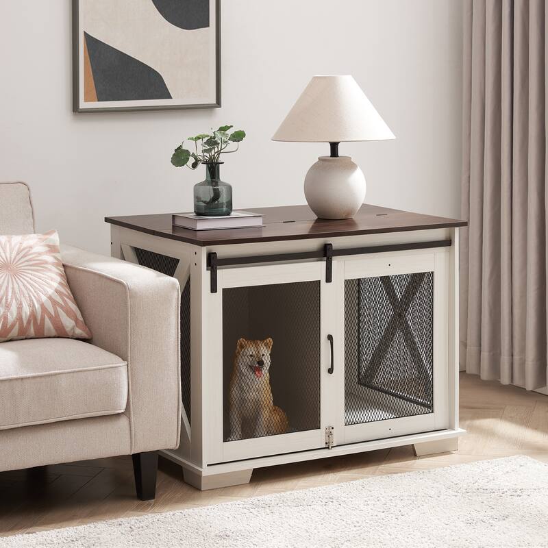 Wooden Dog Crate Furniture, Dog Kennel End Table with Sliding Barn Door, Dog Cage with Flip-top Plate & Detachable Divider