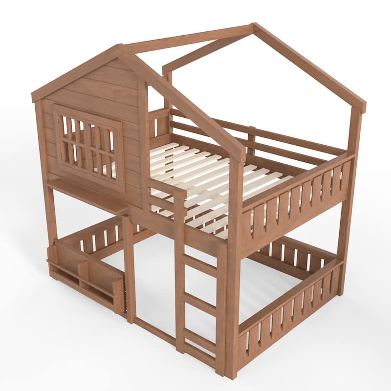 Fairytale House Bunk Bed Kids Loft Bed Frame with Bookshelf and Shelf