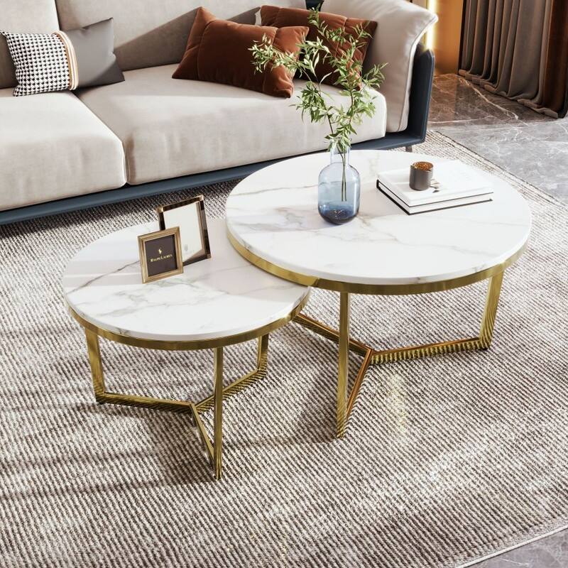 2Pcs Modern Round Nesting Coffee Table Set with Marbling Top Design and Gold Base - White